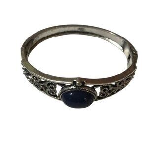 Vintage‎ Silver Filigree Bangle Bracelet With Oval Blue Stone Accent